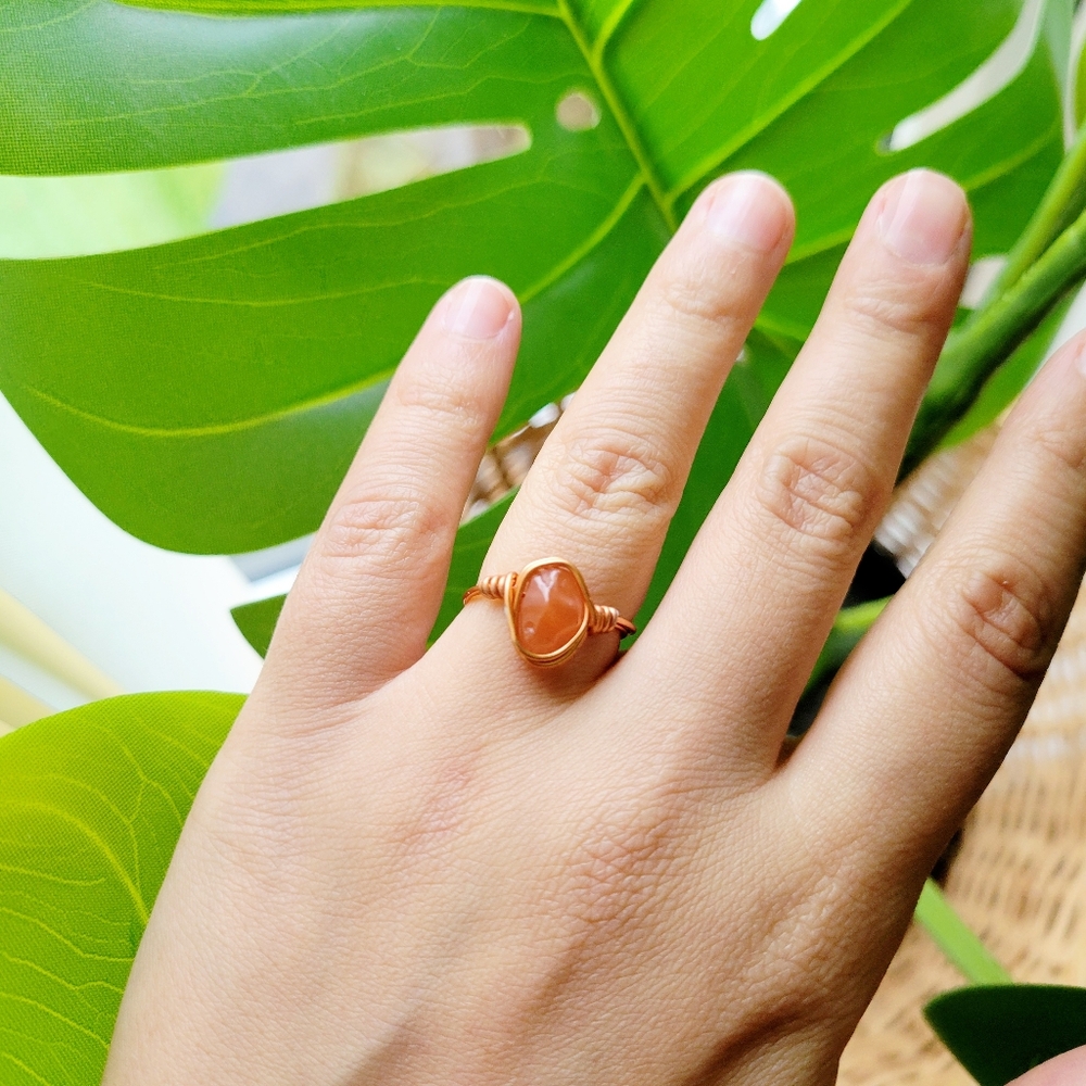 Dainty Handmade Rose Gold Salmon Stone Wire Ring, size 5.25